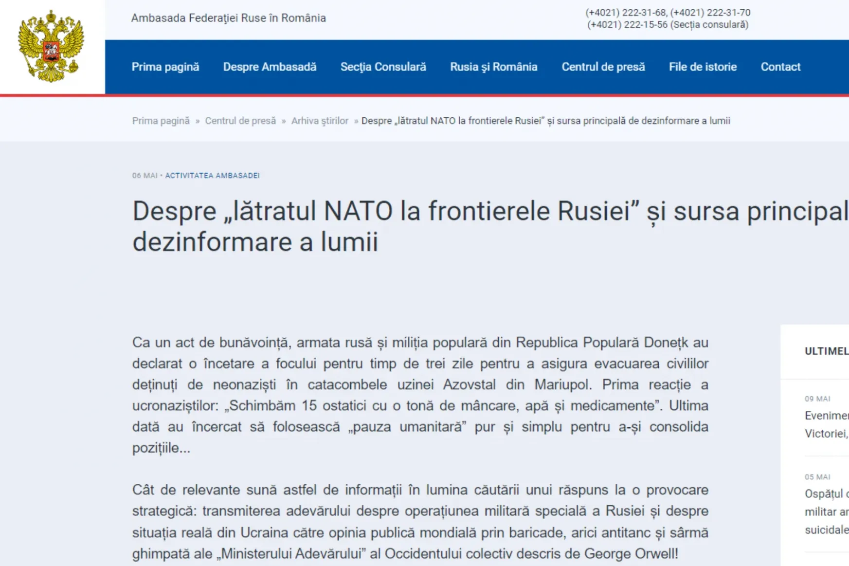 A román külügy szerdán berendelte az orosz nagykövetet az „Oroszország határain ugató NATO”-ról szóló cikk miatt