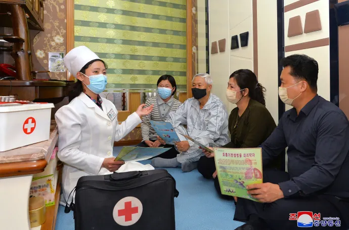 A Koreai Központi Hírügynökség által közzétett felvételen egy orvos a koronavírus terjedését megakadályozó intézkedéseket népszerűsít – Fotó: KCNA / KNS / AFP