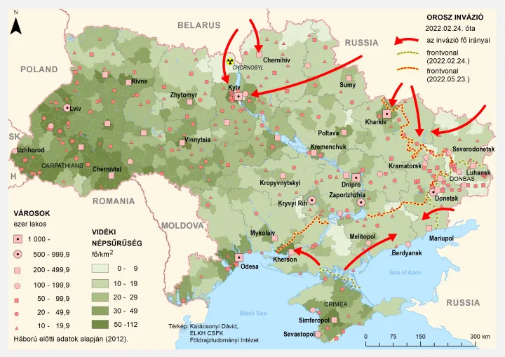 A térképen is látható, hogy az orosz erők főleg a kevéssé városiasodott, ritkán lakott ukrán régiókban tudtak előrenyomulni. Miközben 2014–15-ben a magyarországinál másfélszer sűrűbben lakott területeket foglaltak el, 2022-ben csak a magyarországihoz képest csak fele olyan sűrűn lakott területeket hódítottak meg – Térkép: Karácsonyi Dávid, CSFK Földrajztudományi Intézet