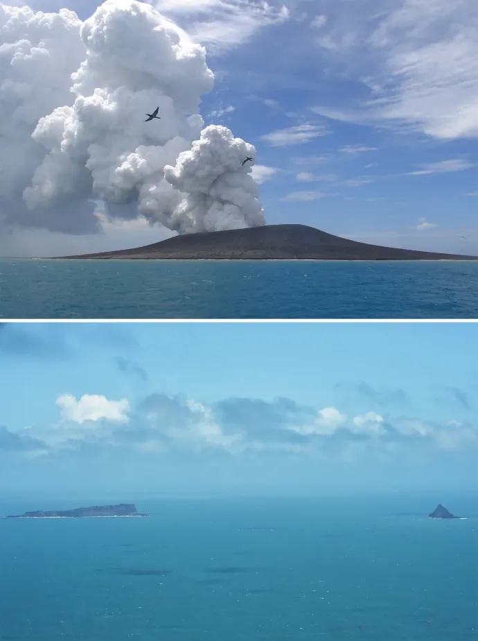 A vulkán egy 2015 januári, és egy a kitörés után készült 2022 januári fotón – Fotó: Handout / Mary Lyn FONUA / Defence Public Affairs / AFP