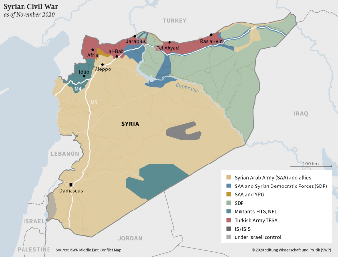 Területi zónák a szíriai polgárháborúban. Forrás: ISWN Middle East Conflict Map / Stiftung Wissenschaft und Politik (SWP)
