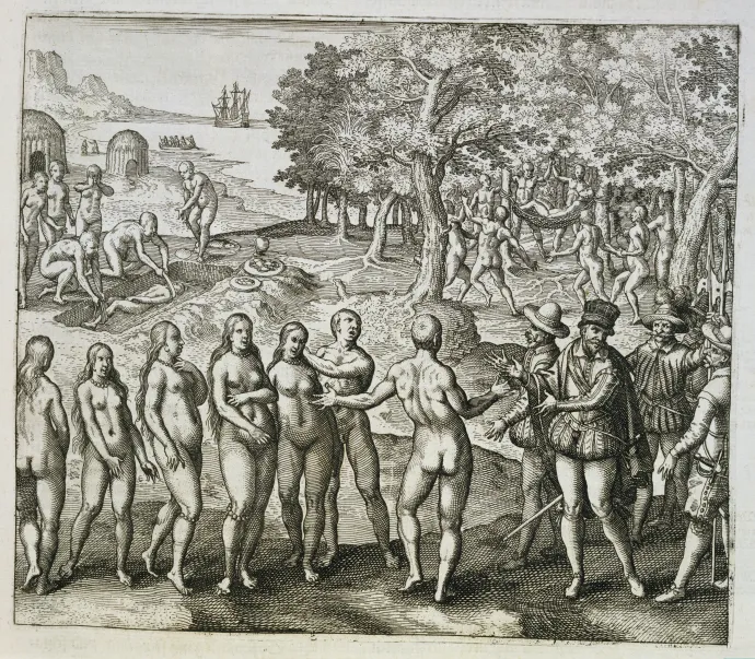 XVI. századi metszet az őslakosokkal találkozó Amerigo Vespucciról – Forrás: Historical Picture Archive / Getty Images