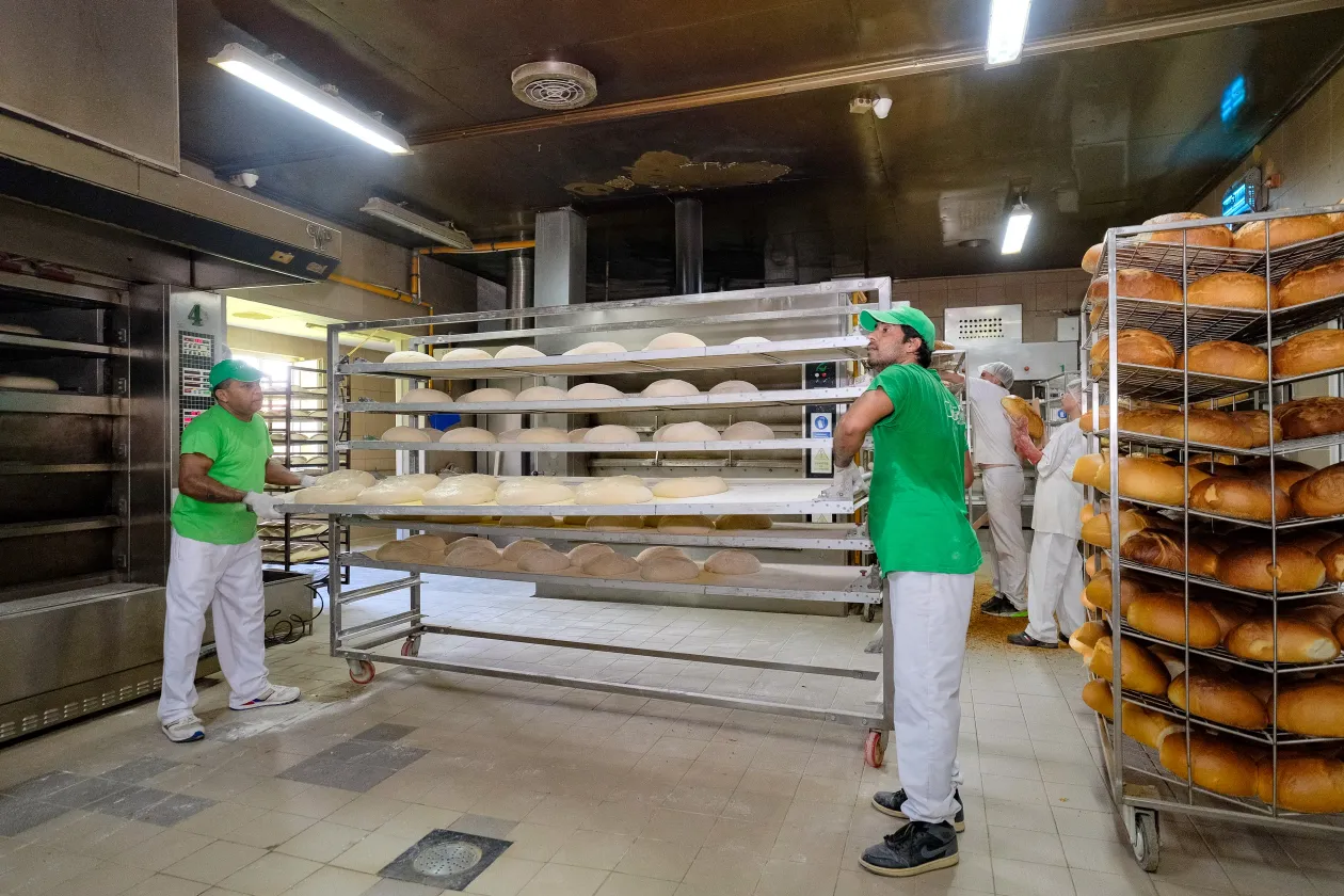 Bal oldalon: Mahinda és egy frissebb Srí Lanka-i alkalmazott készítik elő a kemencébe kerülő kenyereket. Jobb oldalon: szintén Srí Lanka-i vendégmunkás rendezi tepsire a gép által megformázott vekniket – Fotók: Márkos Tamás/Transtelex