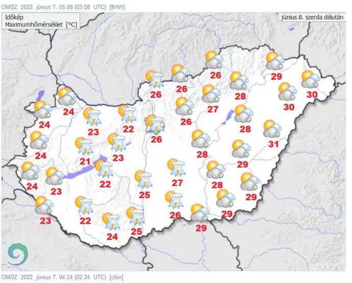 Szerda délután kettészakad az ország – forrás: Országos Meteorológiai Szolgálat