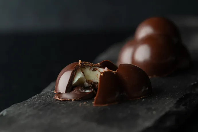 Sompálinka ganacheos, hidegen préselt somgyümölcsös feketecsokoládé bonbon – Fotó: The Choco project Facebook-oldala