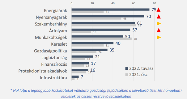 A saját üzletet veszélyeztető kockázatok alakulása a Német–Magyar Ipari és Kereskedelmi Kamara konjunktúra-felmérésében Forrás: DUIH, AKHUNGARN