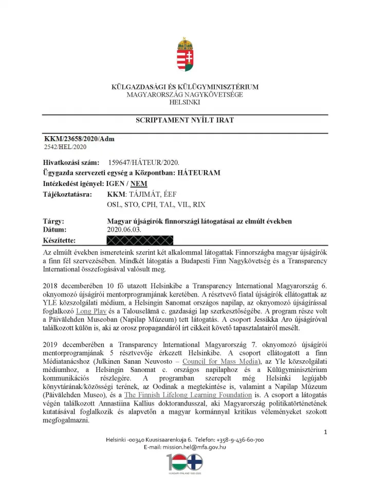 Page one of the report from Helsinki