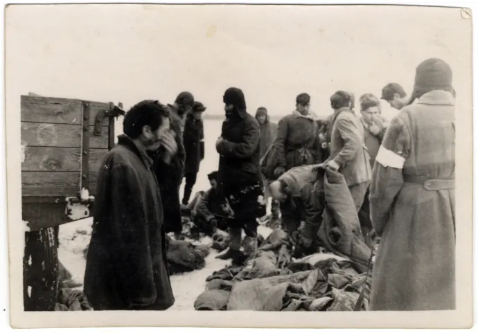 Ismeretlen fotós felvételei a németek, helyi segédrendőrök és magyarok által végrehajtott tömeggyilkosságról Csernyigov mellett. Eredeti képaláírása "Zsidókivégzés 1942.II.18-án", "vetkőzés", "ukrán milicisták", "kivégzés előtt leveszik ruháikat". Az akcióról több felvétel is készült, azonban csak az egyiken látható bal oldalt elmosódva egy magyar bőrmellényes honvédtiszt (alsó fotó) – Forrás: Állambiztonsági Szolgálatok Történeti Levéltára