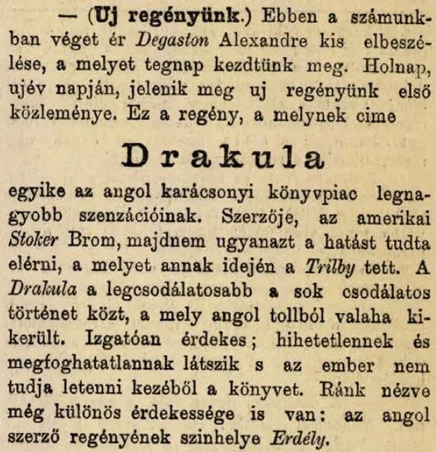 A Budapesti Hírlap 1897 / 361. számában így jelentették be, hogy januárban indul a Drakula – Fotó: Arcanum ADT / Budapesti Hírlap