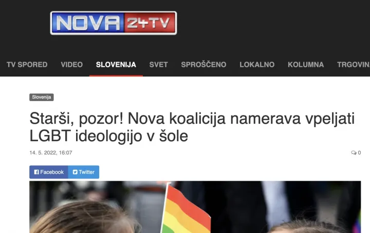 “Szülők! Óvakodjatok! Az új koalíció az iskolákban akarja terjeszteni az LGBT ideológiát!” – ez a címe egy -nyilvánvalóan Robert Golob új kormányára utaló – 2022 májusi Nova24 cikknek.