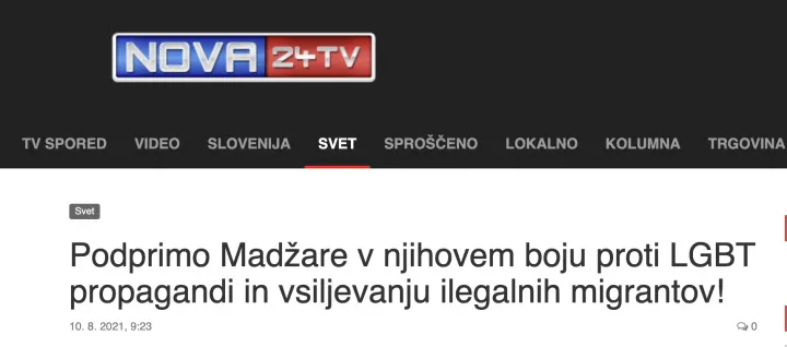 Egy 2021 augusztusi Nova24 cikk címe: “Támogassuk a magyarokat az LGBT propaganda és az illegális bevándorlók rájuk kényszerítése elleni harcban!”