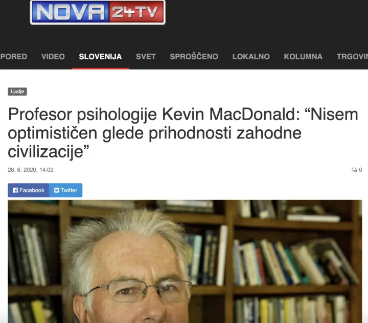 A Nova24&#8239;2020 júniusi címlapja a szélsőjobboldali íróval készült interjúval: “Kevin MacDonald, pszichológia professzor: „Nem vagyok optimista a nyugati civilizáció jövőjével kapcsolatban”.