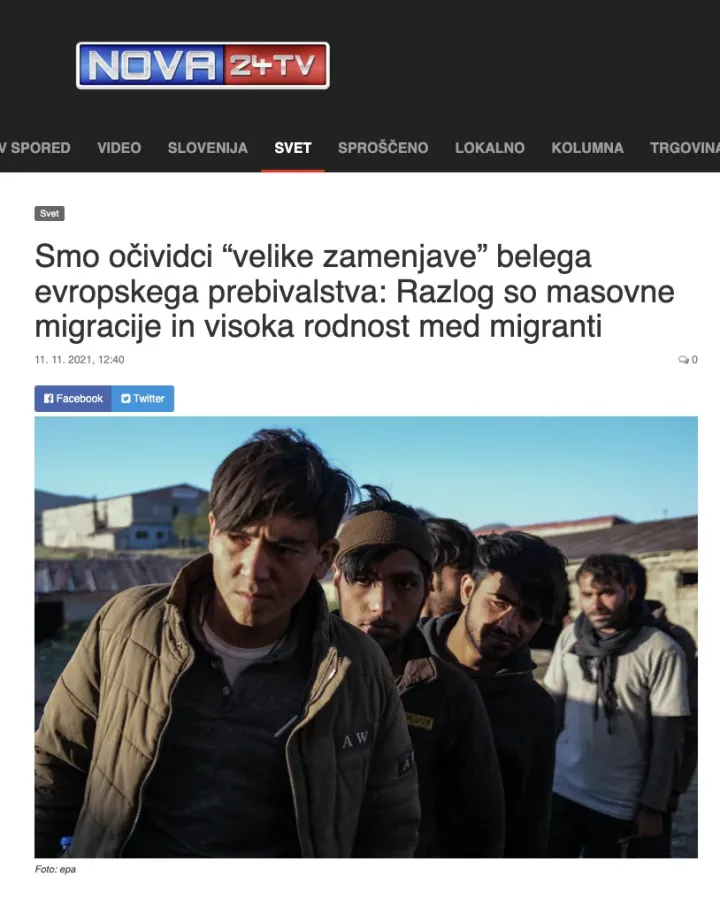 A Nagy Lakosságcsere Elméletének főbb pontjait így foglalja össze egy, a Nova24 címlapján 2021 novemberében megjelent főcím: „Az európai fehér lakosság „kicserélésének” vagyunk tanúi: az ok a tömeges migráció és a migránsok közötti magas születésszám”.