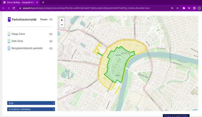A fizetős parkolás sárga és zöld zónája Szegeden – a honlapon a térkép nagyítható, és kattintásra mutatja az automatákat is. Forrás: https://szepark.hu/