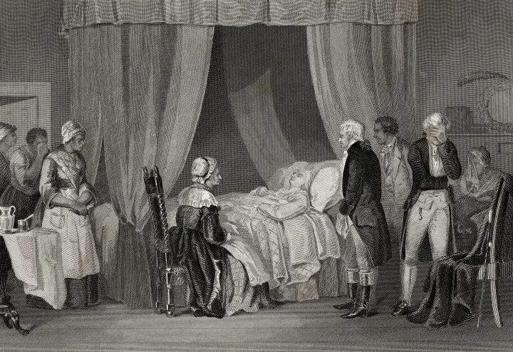Korabeli rajz a halálos ágyán fekvő George Washingtonról – Universal History Archive / Getty Images
