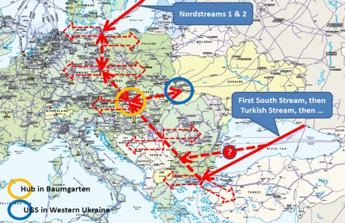 Sárga kör: az ausztriai gázelosztó központ, kék kör: nyugat-ukrajnai gáztárolók. Forrás: a Kelet-finnországi Egyetem energiaátmenet-konferenciája, 2016. március 3-4.