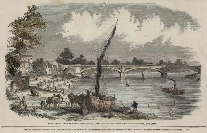 A Temze-parti Barnes vasúti híd, ahol Julia Martha Thomas maradványait megtalálták egy dobozban – Forrás: Wikipedia / London News