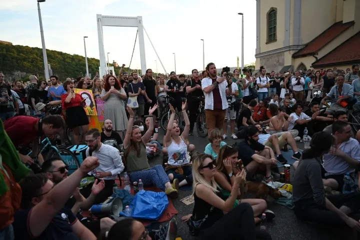 Tüntetők a Magyar Kétfarkú Kutyapárt hídfoglaló rendezvényén az Erzsébet hídon – Fotó: Melegh Noémi Napsugár / Telex
