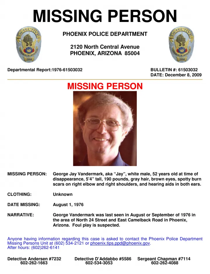 George Jay Vandermark a rendőrség a mai napig eltűnt személyként keresi – Forrás: Phoenix Police Department