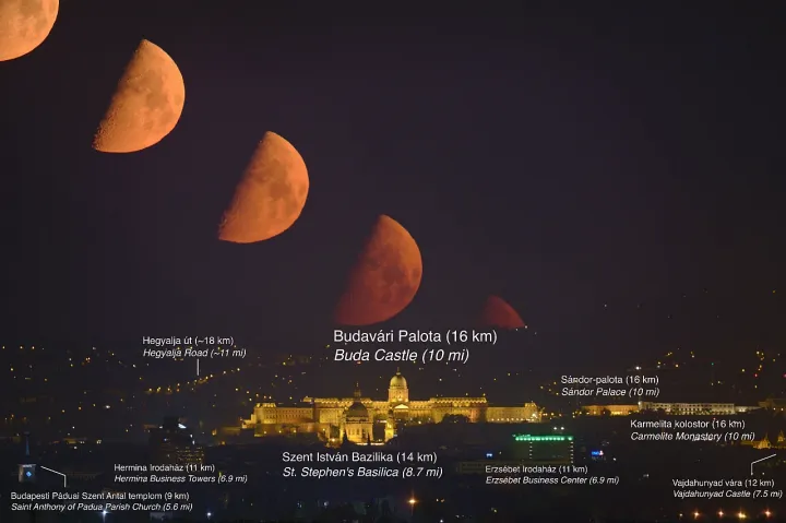 A nyugvó Hold Budapest látképének meghatározó elemeivel, a Budai Várnegyeddel és a Bazilikával – Fotó: Beinrohr László / Eternipix