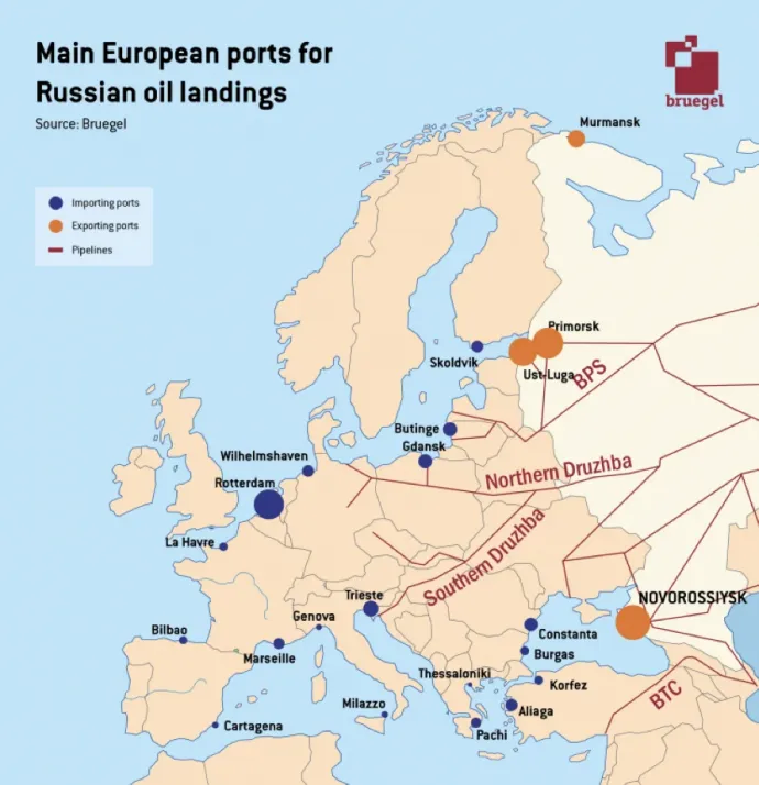 Az orosz olajat fogadó fő európai kikötők – Forrás: Bruegel Intézet