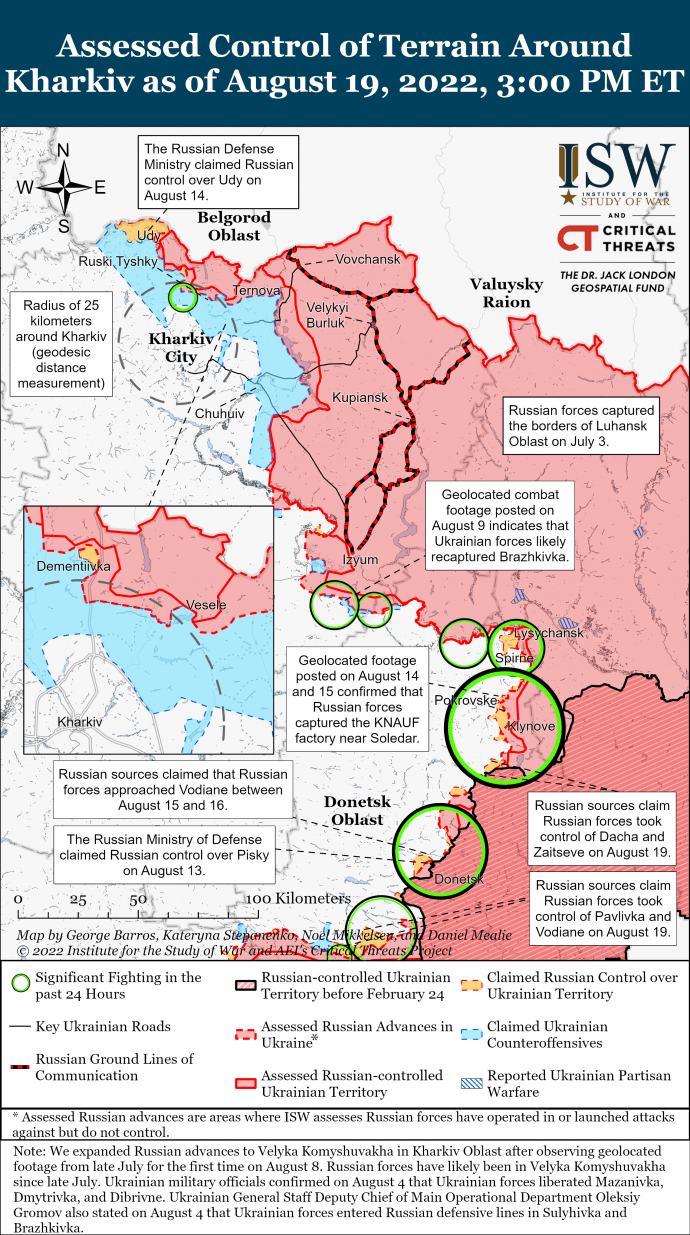 A Harkiv és Doneck megyei front, pirossal az orosz, fehérrel és kékkel az ukrán ellenőrzés alatt lévő területek. Forrás: Institue for the Study of War
