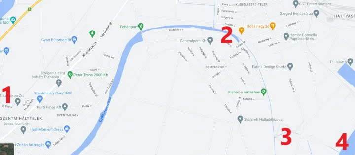 1, a szentmihályi kertészet 2, az Óbébai utca a Gyálai-Holt-Tisza mellett 3, a Szegedi Vízmű Zrt. szennyvíztisztitó telepe 4, az élő Tisza a térképen. Forrás: Google 