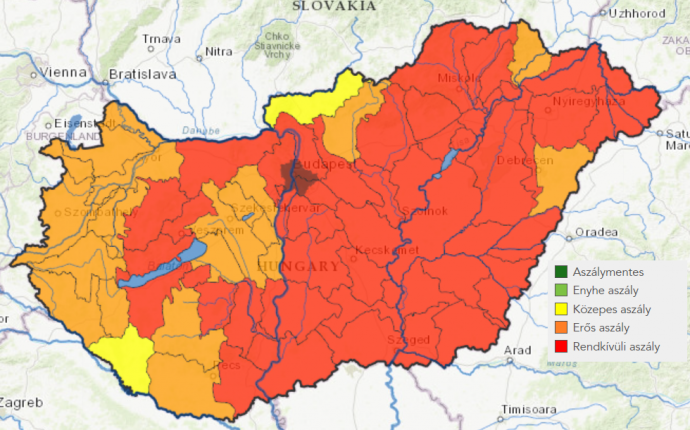 A vízügy aszálytérképe augusztus 19-én, az esőt hozó ünnepi hétvége előtt.