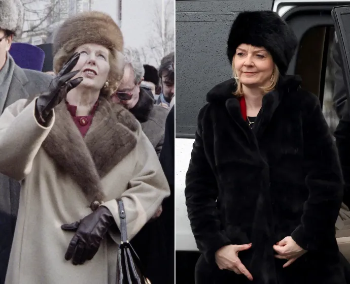 Kombóképen Margaret Thatcher korábbi brit miniszterelnök 1987. március 29-i moszkvai látogatásán és Liz Truss brit külügyminiszter 2022. február 17-én Kijevben – Fotó: Daniel Janin / AFP