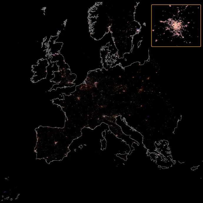 Európa fénytérképe színekre bontva. A jobb felső sarokban Párizs látható – Forrás: Sánchez de Miguel et al., SCI. ADV. 8, EABL6891, 2022