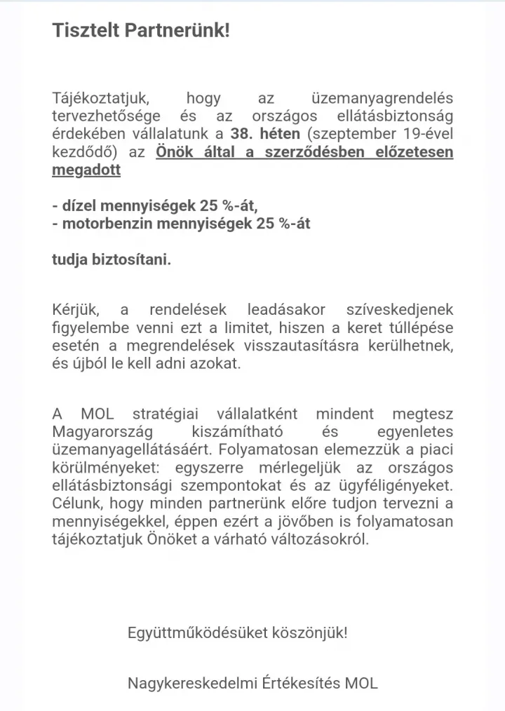A Mol által kiküldött levél – Forrás: Független Benzinkutak Szövetsége