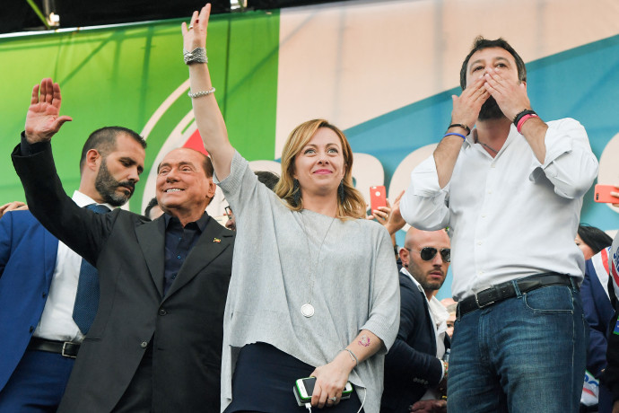Silvio Berlusconi, Giorgia Meloni és Matteo Salvini egy 2019-es jobboldali demonstráción Rómában. Fotó: Tiziana Fabi / AFP