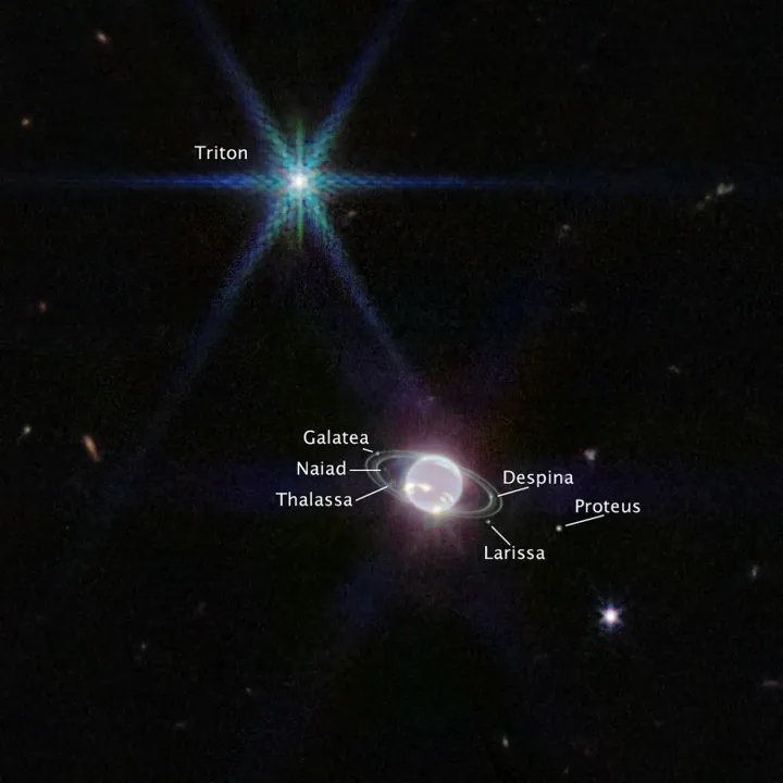 A Neptunusz és a 14 ismert holdja, köztük a Triton (bal felső sarok) – Fotó: Space Telescope Science Institut / ESA / WEBB / AFP