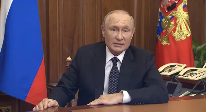Képernyőmentés a videóból, amiben Vlagyimir Putyin bejelenti a részleges mozgósítást Moszkvában, 2022. szeptember 21-én – Fotó: Orosz Elnöki Sajtószolgálat / Kreml / Reuters