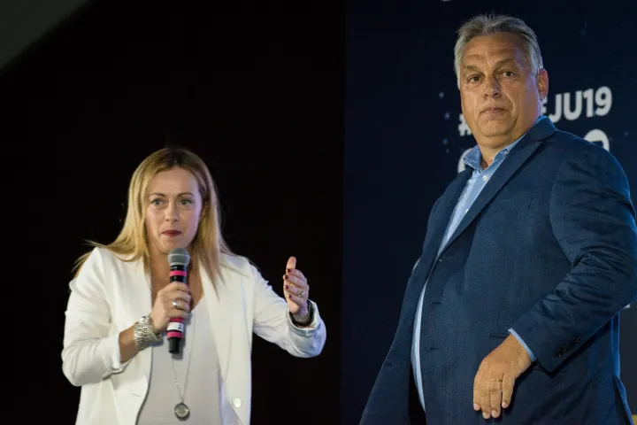 Meloni és Orbán Viktor egy politikai rendezvényen 2019. szeptember 21-én – Fotó: Andrea Ronchini, Ronchini / NurPhoto / NurPhoto via AFP