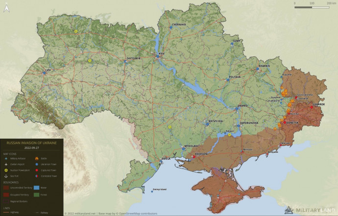 A piros árnyalataival Ukrajna orosz megszállás alatt álló részei, az elcsatolni tervezett területek része az ukrán kézen lévő Zaporizzsja, Kramatorszk és Szlovjanszk környéke is. Forrás: Militaryland