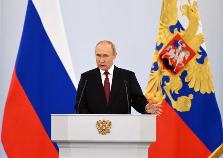 Vlagyimir Putyin orosz elnök mond beszédet Krlemben, Moszkvában 2022. szeptember 30-án – Fotó: Gavriil Grigorov / AFP