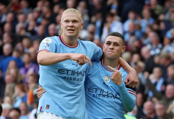 Erling Haaland és Phil Foden ünnepelnek a Manchester City hatodik gólja után – Fotó: Phil Noble / Reuters