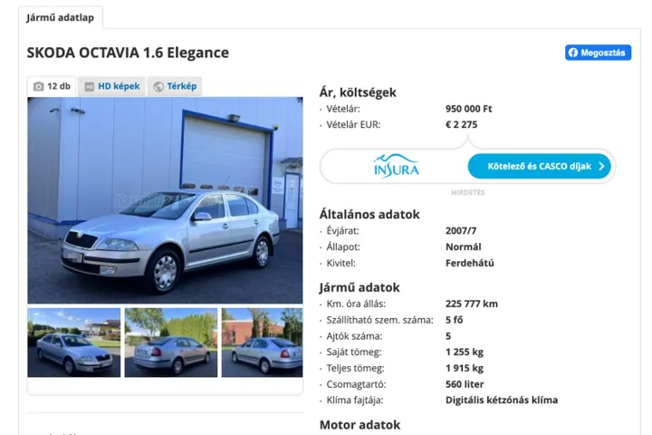 A Škoda hirdetése és a valós futásteljesítménye – Forrás: Jármű Szolgáltatási Platform, Használtautó.hu