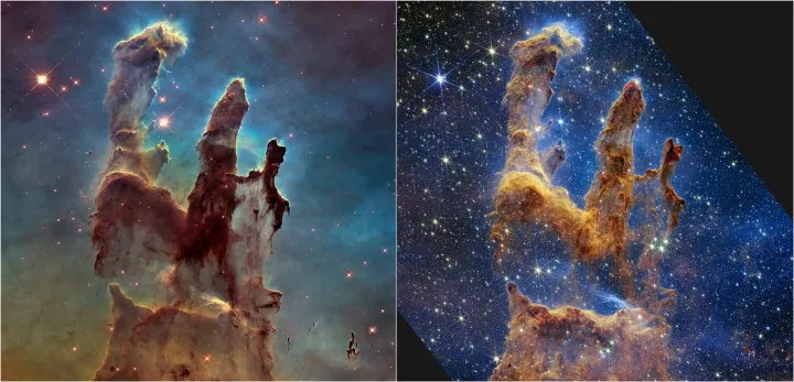 A Teremtés oszlopai balra a Hubble 2014-es, jobbra a James Webb idei felvételen – Fotó: NASA, ESA, CSA, STScI; Joseph DePasquale (STScI), Anton M. Koekemoer (STScI), Alyssa Pagan (STScI)