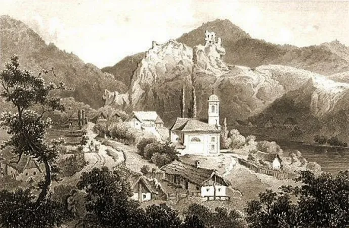 Szarvaskő és a Vár-hegy, 19. századi rézkarc, készítője ismeretlen – Fotó: Wikipédia