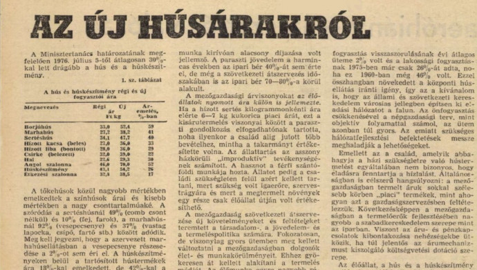 Cikk az 1976-os húsáremelésről a Figyelőben. Forrás: Arcanum