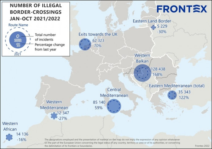 Megkísérelt illegális határátkelések száma és éves növekedáse a Frontex adatai szerint. Forrás: frontex.europa.eu