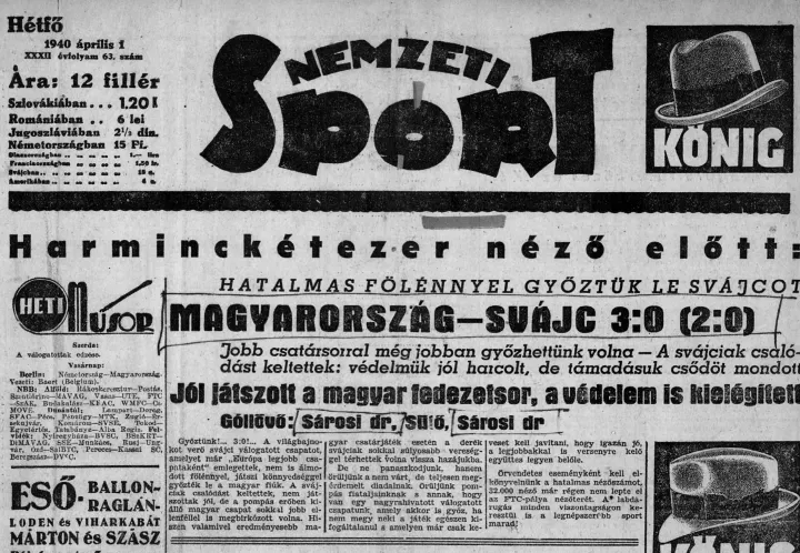 Forrás: Nemzeti Sport, 1940. április 1. (32. évfolyam, 63. szám) / Arcanum Digitális Tudománytár