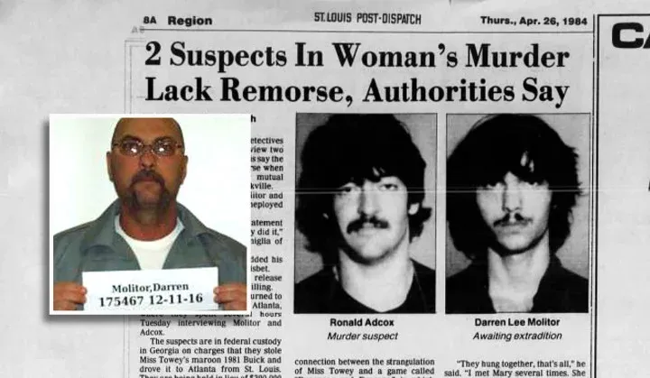 Darren Molitor's last prison photo from 2016 and a police photo of the two suspects in an April 26, 1984 article in the St. Louis Post – Photo by Missouri Department of Corrections, St. Louis Post