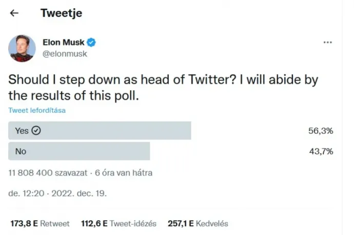 Elon Musk „bizalmi szavazást” kezdeményezett maga ellen a Twitteren