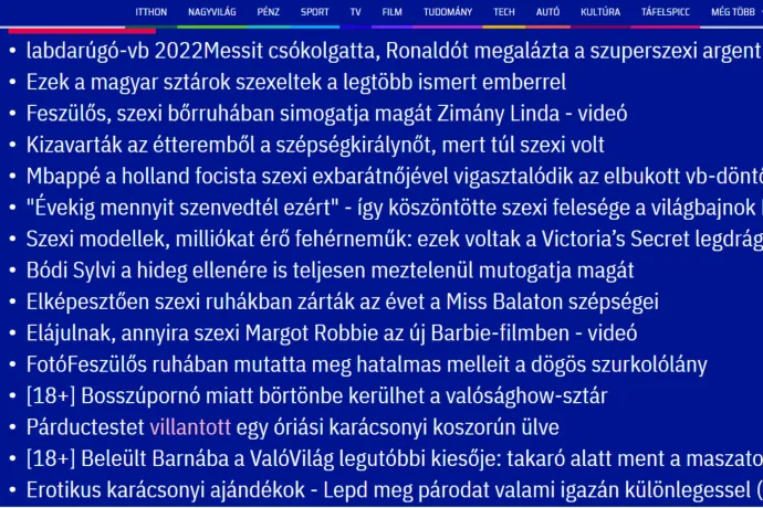 A szexi híreket egy kupacba gyűjtve lehet igazán jól látni, milyen szofterotikus lap lett az Origóból