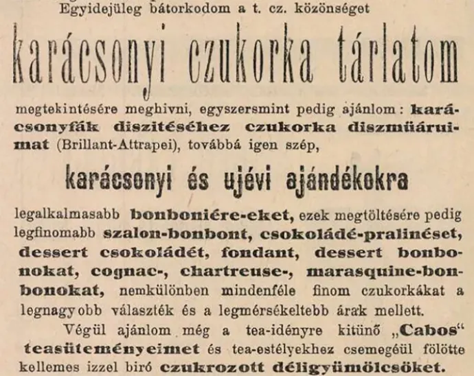 Excerpt from the 1896 advertisement of Szeged confectioner Bertalan Lindefeld – Source: Arcanum Digital Library / Szegedi Napló, No.1896/301
