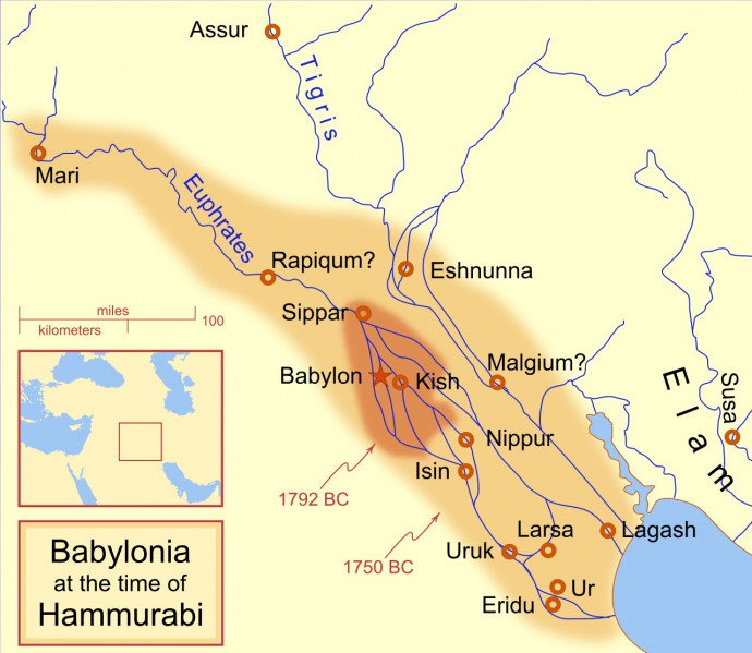 Az óbabiloni Birodalom Hammurapi uralkodása idején. Forrás: Wikipedia