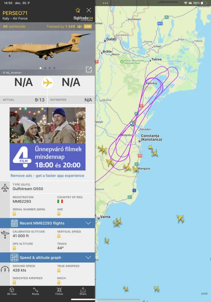 A repülőgépek útvonala december 30-án – Forrás: olvasói képernyőmentés